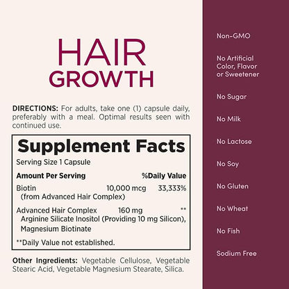 Nature's Bounty Hair Growth Supplement, 1 Per Day, Clinically Shown to Support Thicker, Fuller Hair, with Biotin, Silicon & Arginine, 30 Capsules