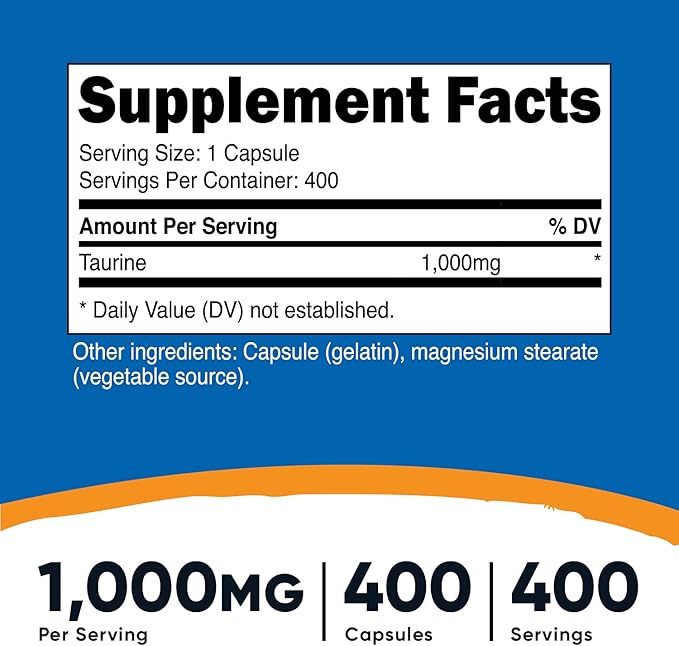 Nutricost Taurine 1000mg; 400 Capsules (2 Bottles)