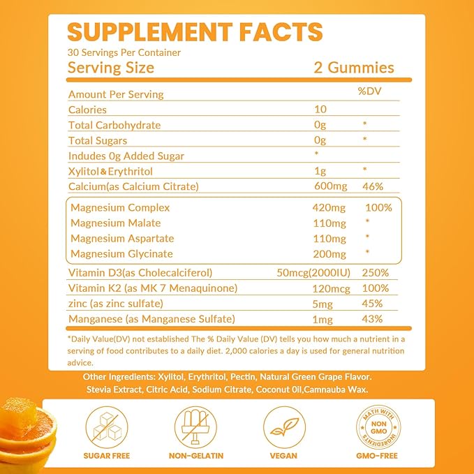 Calcium Magnesium Gummies for Adult: with Zinc Vitamin D3 K2 for Women Men Organic Sugar Free Vegan Chewable Gummy - High Absorption for Immune Strength（60count