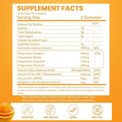 Calcium Magnesium Gummies for Adult: with Zinc Vitamin D3 K2 for Women Men Organic Sugar Free Vegan Chewable Gummy - High Absorption for Immune Strength（60count