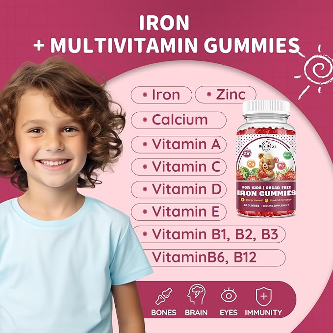 Iron Supplement Gummies for Kids - with Calcium, Zinc, Kids Multivitamin with Iron Gummies - Immune Support, Blood Builder & Energy Support for Iron Deficiency, Anemia, Vegan - 60 Gummies