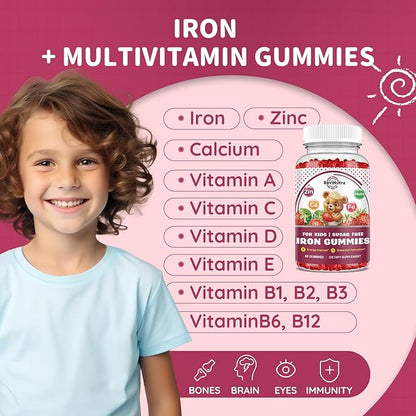 Iron Supplement Gummies for Kids - with Calcium, Zinc, Kids Multivitamin with Iron Gummies - Immune Support, Blood Builder & Energy Support for Iron Deficiency, Anemia, Vegan - 60 Gummies