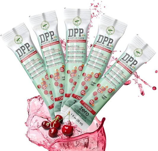 Nutritional Designs DPP Dipeptide Power Liquid Collagen & Whey Protein Supplement, Sugar-Free, Promotes Healthy Skin & Hair for Men & Women, Cherry, Single Serve Packet, 1 oz (25 Packets)