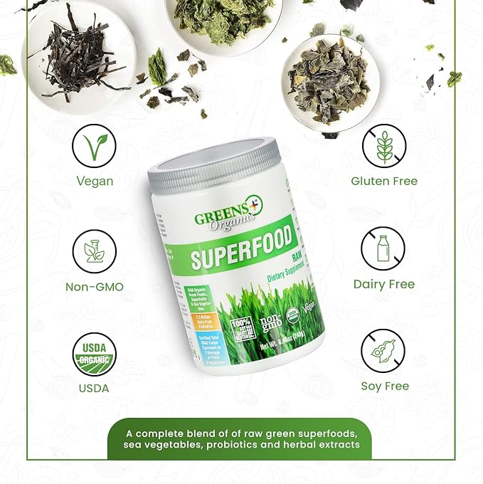 Greens+ Organic RAW Superfood Powder, Super Blend Immune Support, Morning Kick, Energy Boost, Nutrition Vibrant Health, Dietary Supplement, Vegan Soy/Dairy/Gluten Free(8.46oz)