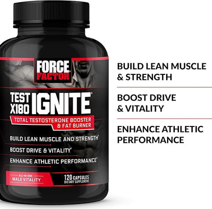 Force Factor Test X180 Ignite Total Testosterone Booster for Men with Fenugreek Seed and Green Tea Extract to Build Lean Muscle, Boost Energy, and Improve Performance, 120 Count