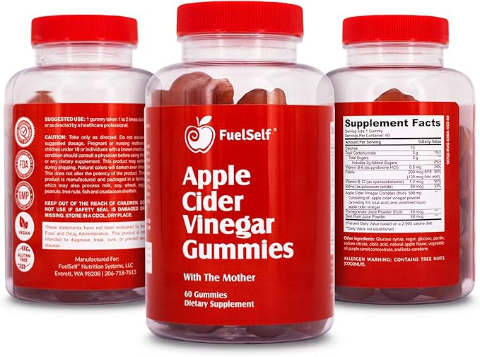 Apple Cider Vinegar Gummy Vitamins with The Mother, 1 Pack, 60 Count :: Metabolism Management, Immunity, Detox :: Vegan, Gluten-Free, Vitamin B6, B12, Pomegranate, Beet Root
