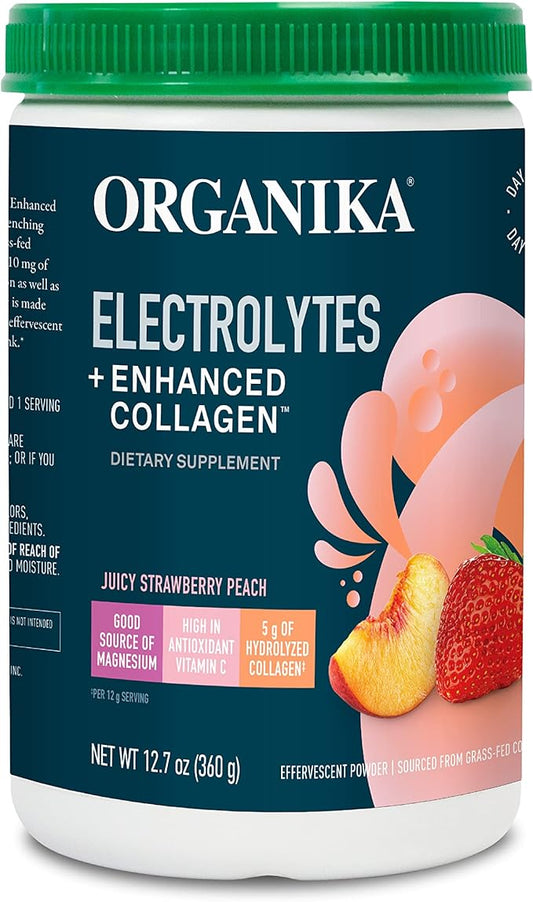 Organika Electrolytes + Enhanced Collagen- Strawberry Peach Flavor- Sugar-Free Hydration + Protein 360 Gram - 30 Servings