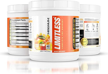 LIMITLESS Magnum 504g - Muscle Workout Powder, Sport Pre Workout for Men and Women, May Assist & Support Increase Energy, Focus, and Endurance - Peach Mango Rush