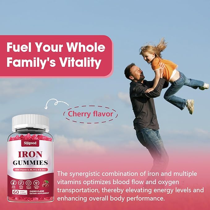 Vegan Iron Supplement for Women, with Vitamin A, C, B6, B12, Folate and Zinc, Energy Boost, Sugar Free, No After Taste - Delicious Cherry Flavor, 60 Count
