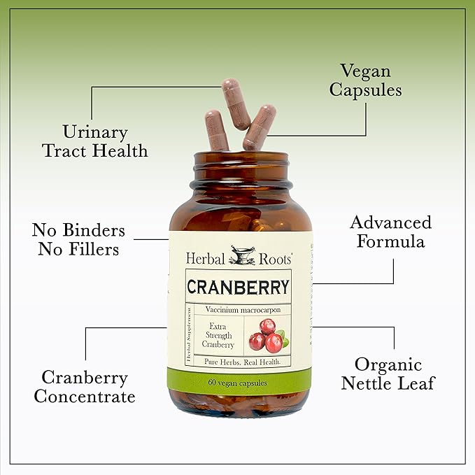 Herbal Roots Extra Strength Cranberry Pills for Women & Men with Organic Nettle | Urinary Tract Health | 60 Vegan Capsules