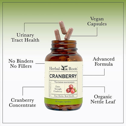 Herbal Roots Extra Strength Cranberry Pills for Women & Men with Organic Nettle | Urinary Tract Health | 60 Vegan Capsules