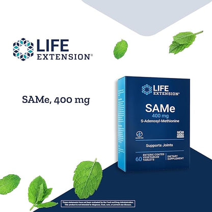 Life Extension Same 400mg (S-Adenosyl-Methionine) - Supplement for Joint & Liver Support - Non-GMO, Gluten-Free, Tablet, 60 Count
