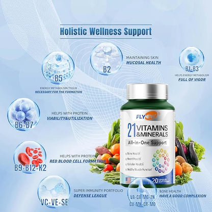 21 Vitamins &Minerals All-in-One Support, Multivitamin, Vitamin A, K2, D3,. Calcium, Zinc, Made in USA 20 Capsules