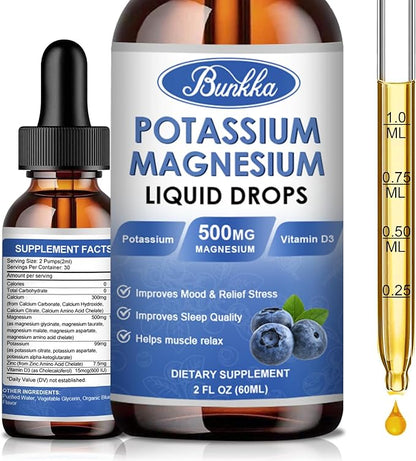 Potassium Magnesium Liquid Drops Supplement with Potassium 99mg, Magnesium 500mg,Calcium, Vitamin D3, Zinc, for Leg Cramps, Energy, Metabolism, for Adult and Kid,Sugar Free