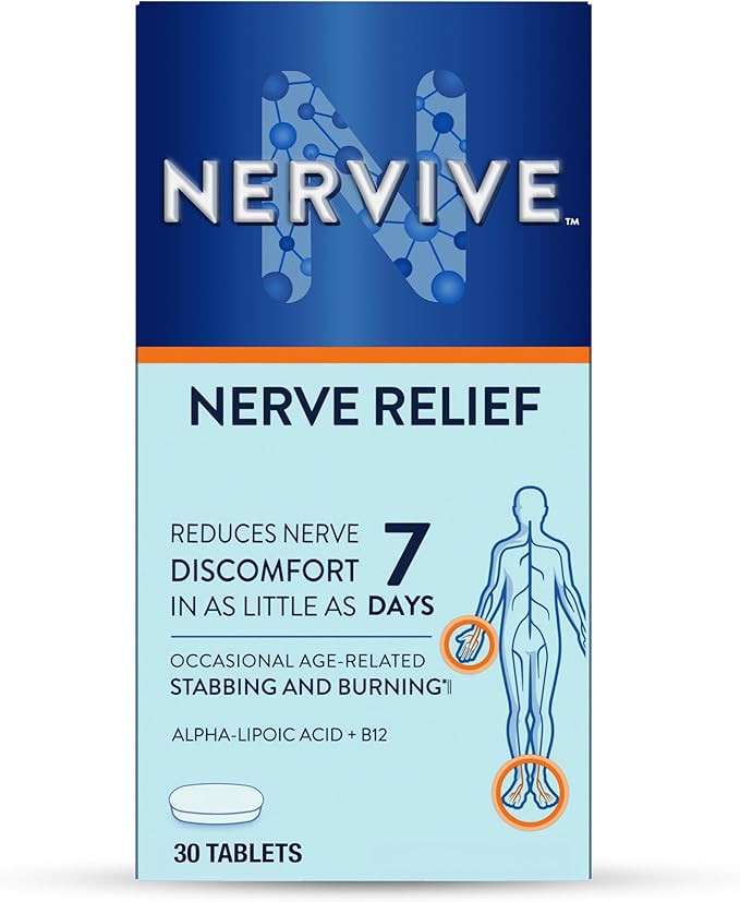 Nervive Nerve Relief, with Alpha Lipoic Acid, to help Reduce Occasional Nerve Discomfort in as Little as 7 Days, ALA, Vitamins B12, B6, & B1, Turmeric, Ginger, 30 Tablets (Packaging May Vary)