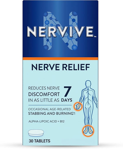 Nervive Nerve Relief, with Alpha Lipoic Acid, to help Reduce Occasional Nerve Discomfort in as Little as 7 Days, ALA, Vitamins B12, B6, & B1, Turmeric, Ginger, 30 Tablets (Packaging May Vary)