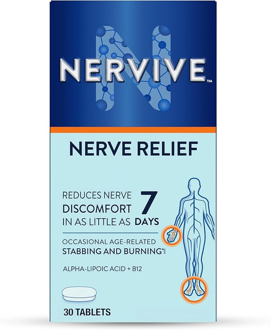 Nervive Nerve Relief, with Alpha Lipoic Acid, to help Reduce Occasional Nerve Discomfort in as Little as 7 Days, ALA, Vitamins B12, B6, & B1, Turmeric, Ginger, 30 Tablets (Packaging May Vary)