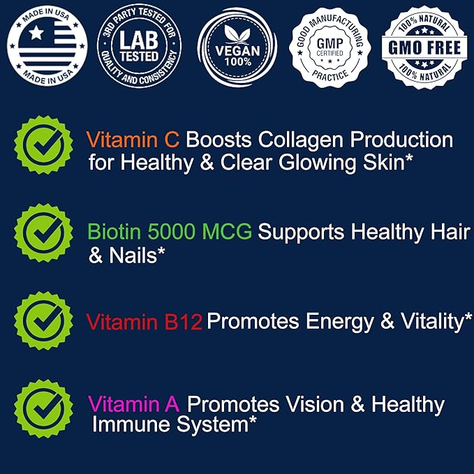 Hair Skin and Nails Gummies 60 Count - Supports Healthy Hair, Nails - Biotin 5000MCG, Vitamins for Men & Women, Stronger Nails, Healthy Skin, Hair Growth, Vegan, High Potency