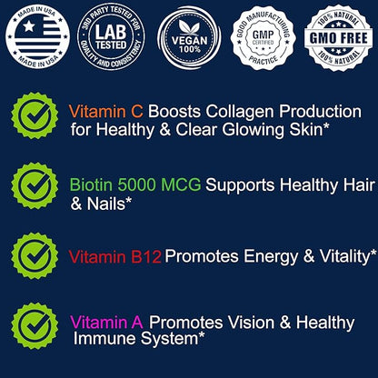 Hair Skin and Nails Gummies 60 Count - Supports Healthy Hair, Nails - Biotin 5000MCG, Vitamins for Men & Women, Stronger Nails, Healthy Skin, Hair Growth, Vegan, High Potency