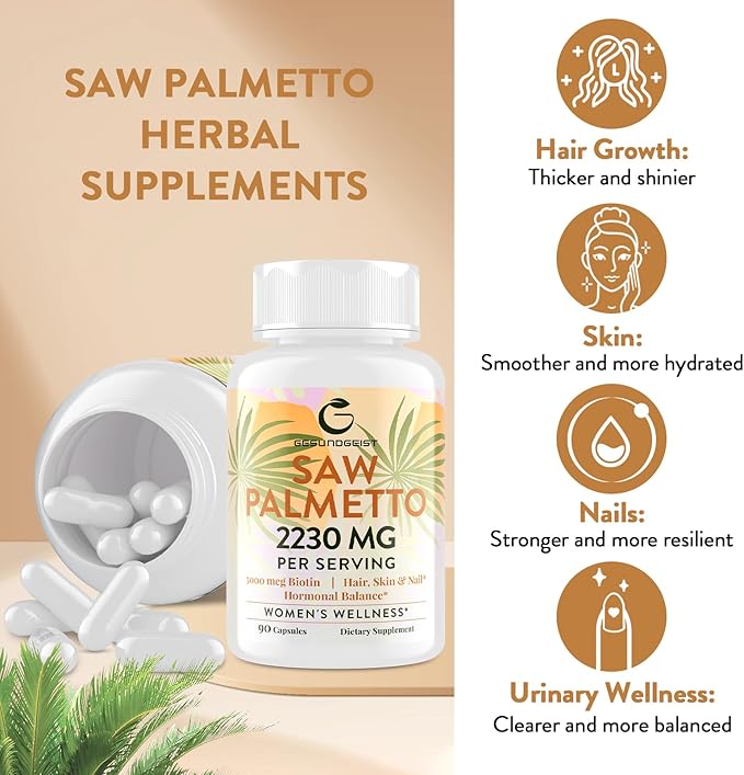 Saw Palmetto for Women Hair Loss - DHT Blocker with 5-in-1 Blend for Hair Growth, Skin & Nails, Urinary Wellness - Extra Strength Saw Palmetto Supplement - 90 Capsules