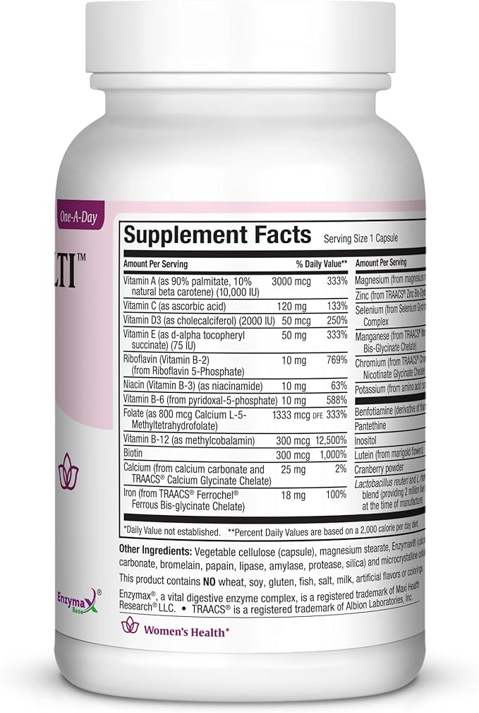 Maxi Health Women's Daily Multivitamin Biotin, Vitamins A B C D E, Calcium, Zinc, Lutein, Magnesium, Folate and More. Supports Gut Health for Women. Natural, Non-GMO, Gluten Free & Dairy Free Kosher