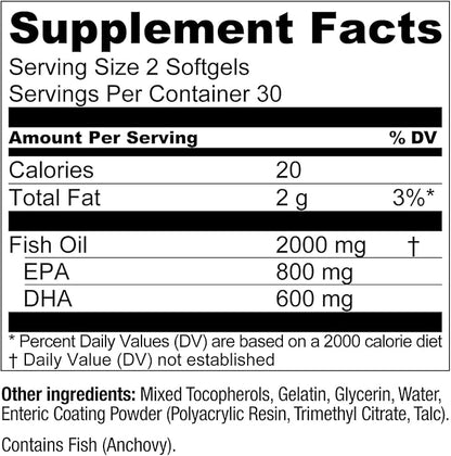 OmegaWell Omega 3 Fish Oil - 2000mg Capsules: Heart, Brain, & Joint Support - 800 mg EPA 600 mg DHA - Sustainably Sourced - Omega 3 Fish Oil Mini Softgels - 30 Day Supply