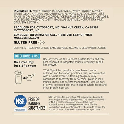 Muscle Milk 100% Whey With Probiotics Protein Powder, Vanilla, 1.85 Pound, 23 Servings, 27g Protein, 2g Sugar, 1B CFU Probiotics, Low in Fat, NSF Certified for Sport, Packaging May Vary