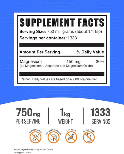 BulkSupplements.com Magnesium L-Aspartate Powder - High Absorption Magnesium, Magnesium Aspartate Powder - Gluten Free, 750mg (150mg of Magnesium) per Serving, 1kg (2.2 lbs) (Pack of 1)