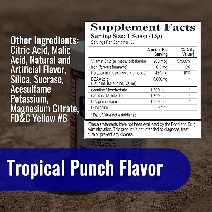 Youth Baseball & Softball in-Game Energy 10th Inning | Vitamins, Electrolytes, Amino Acids for Explosiveness, Stim-Free (30 Servings)