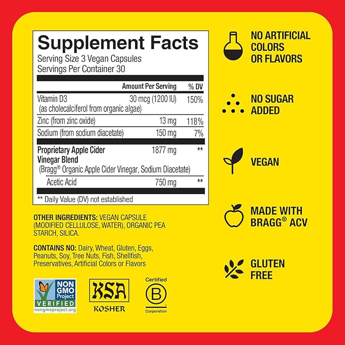 Bragg Apple Cider Vinegar Capsules with Vitamin D and Zinc - (3 Pack) 90 Capsules - Supports The Immune System