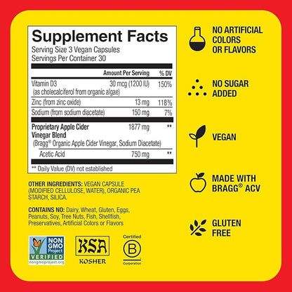 Bragg Apple Cider Vinegar Capsules with Vitamin D and Zinc - (3 Pack) 90 Capsules - Supports The Immune System