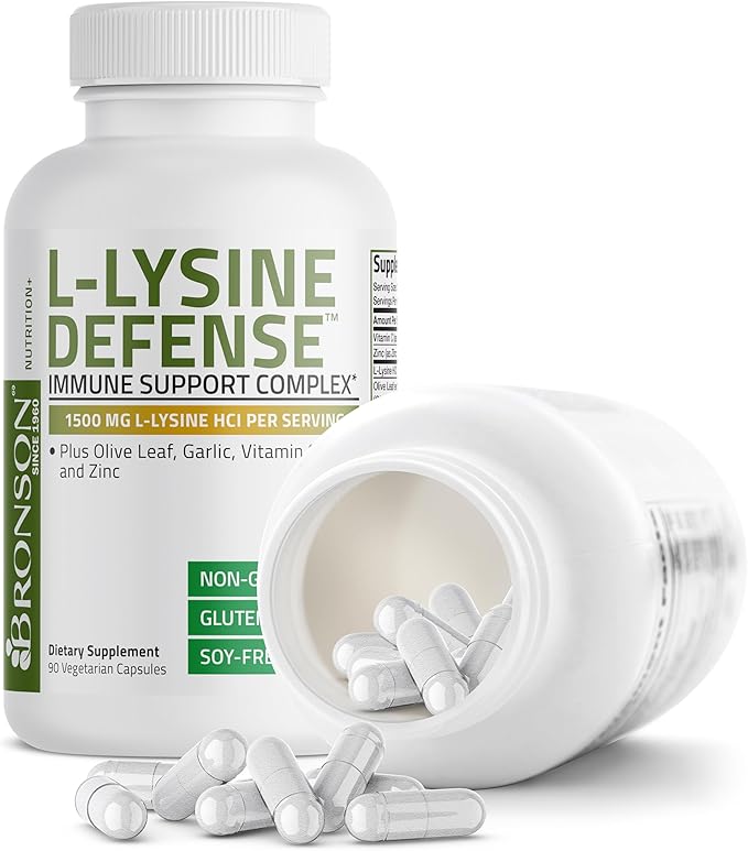 Bronson L-Lysine Defense Immune Support Complex 1500 MG L-Lysine Plus Olive Leaf, Garlic, Vitamin C and Zinc - Non-GMO, 90 Vegetarian Capsules
