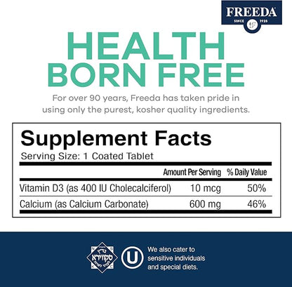 Freeda Calcium 600 mg Vitamin D3 400 IU Tablets - Bone Support Calcium Supplement plus Vitamin D for Absorption - Kosher, Gluten Free Easy To Swallow Coated Calcium D3 Tablets for Women & Men (100 Ct)