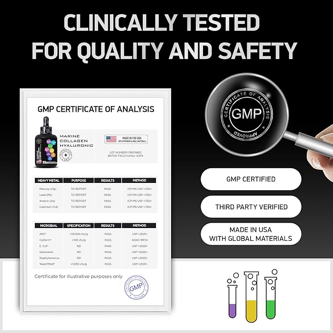 Liquid Marine Collagen Peptides with 10mg Hyaluronic Acid Supplement - 1,000mg Hydrolyzed Collagen Drops for Skin, Hair, Joints Support - Liquid Collagen For Women And Men - 30-Day Collagen Drink