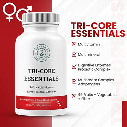 Tri-Core Essentials - 3 A Day Comprehensive Multivitamin Multimineral Complex with Probiotics, Prebiotics, Digestive Enzymes, Mushrooms, Adaptogens, and 45 Fruits and Vegetables - 180 Tablets