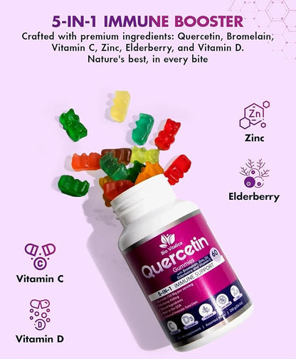 BIO VITALICA Quercetin Gummies by BioVitalica - Quercetin with Bromelain Vitamin C and Zinc & Elderberry + Vitamin D3-5 in 1 Immune Support - Zinc Quercetin 750 mg for Kids and Adult (4, Quercetin)