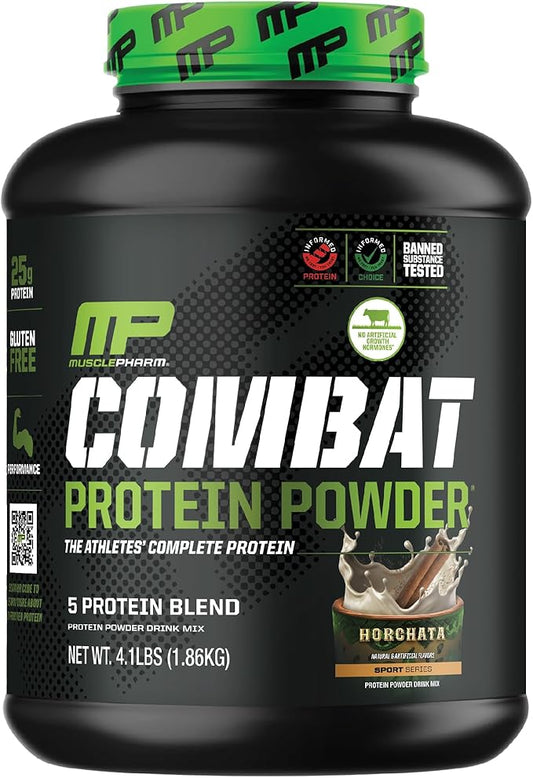 Muscle Pharm Combat Protein Powder, Horchata Flavor, Fuels Muscles for Productive Workouts, 5 Protein Sources Including Whey Protein Isolate & Egg Albumin, Gluten Free, 4 lb, 52 Servings