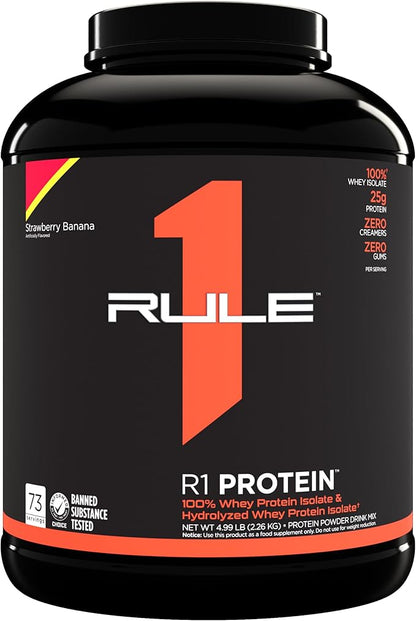 Rule One Proteins R1 Protein - 25g Fast-Acting, Super-Pure 100% Isolate and Hydrolysate Protein Powder with 6g BCAAs (5 Pounds*, Strawberry Banana)