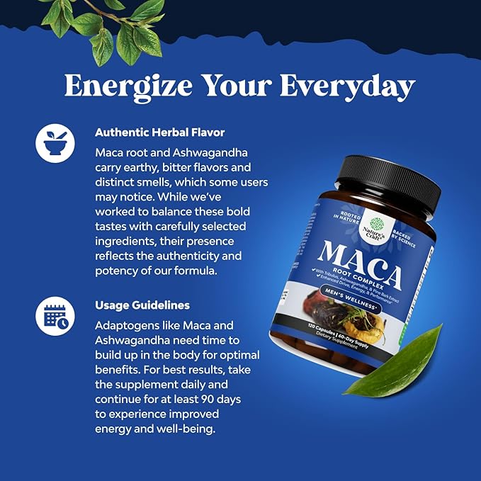 Potent Black Maca Root Capsules for Men - Herbal Wellness Supplement with Siberian Ginseng Ashwagandha and Black Maca Root - Men’s Wellness Supplement to Support General Health (60 Servings)