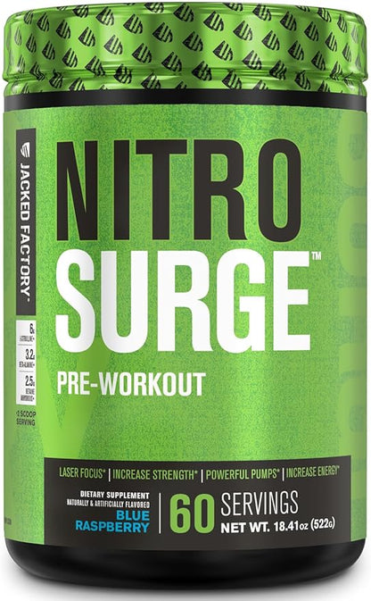 Jacked Factory NITROSURGE Pre Workout Supplement - Energy Booster, Instant Strength Gains, Clear Focus, & Intense Pumps - NO Booster & Powerful Preworkout Energy Powder - 60 Servings, Blue Raspberry