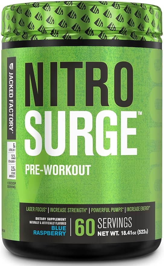 Jacked Factory NITROSURGE Pre Workout Supplement - Energy Booster, Instant Strength Gains, Clear Focus, & Intense Pumps - NO Booster & Powerful Preworkout Energy Powder - 60 Servings, Blue Raspberry