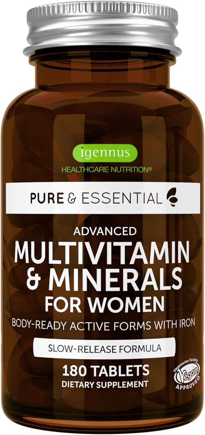 Methylated Women's Multivitamin, Methyl Folate for MTHFR, Clean Label & Vegan, with Iron, Non-GMO, Sustained Release, 180 Tablets, by Igennus