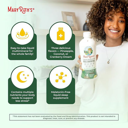 MaryRuth Organics Liquid Nighttime Multimineral Sleep Supplement | Sugar Free | Calm Magnesium Citrate | NO Melatonin | Calcium Magnesium Zinc | Pineapple Dream| Vegan | Gluten Free | 32 Servings