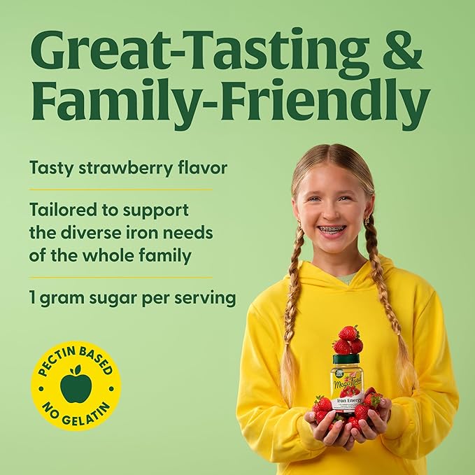 MegaFood Iron Energy Gummies - Vegan & Gluten-Free Iron Supplement for Women, Men, Teens & Kids with Vitamin B12 & B6, from The Makers of Blood Builder Iron Supplement, Strawberry Flavor - 60 Gummies