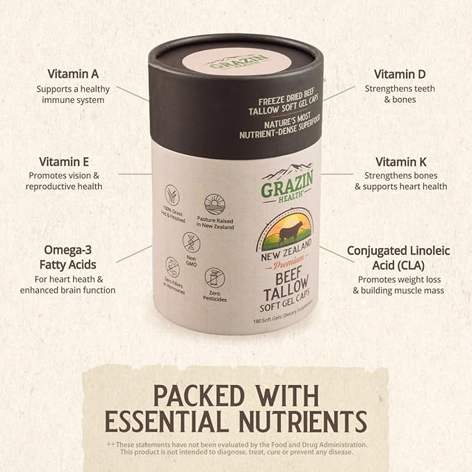 Grazin Health - Grass Fed Beef Tallow Capsules (30 Day Supply)