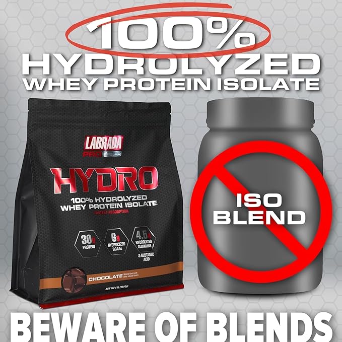 Labrada Hydro 100% Pure Hydrolyzed Whey Protein Isolate Powder, Lactose Free, Glutamine, Fastest Digesting Whey Available, Instant Mixing, Delicious Taste 47 Servings 4lb (Chocolate)
