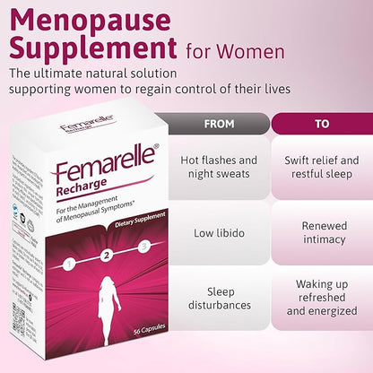 Femarelle Recharge Menopause Supplements for Women - Hot Flashes, Night Sweats, Sleep Relief During Menopause Transition - Non Hormonal Vitamins to Support Hormone Balance - 1 Month Supply