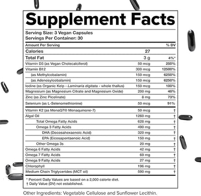 Complement 1 Month Supply Vegan Multivitamins for Women & Men (90 Capsules) Omega 3 DHA+EPA, Vitamin B12, Vitamin D3 K2, Zinc, Selenium, Magnesium, Iodine Supplement- Made in USA, 30 Servings