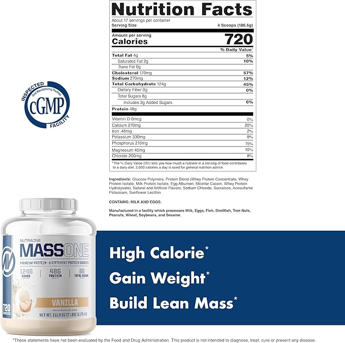 NutraOne Massone Mass Gainer Protein Powder Gain Mass Protein Meal Replacement (Vanilla - 7 lbs.)