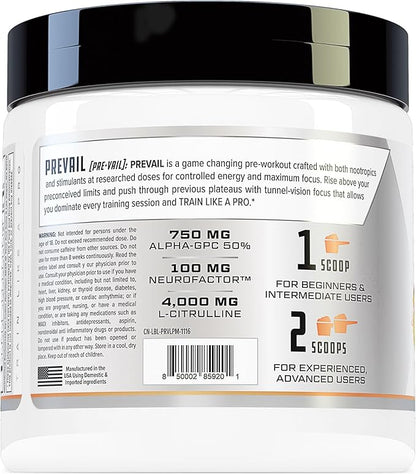 Prevail Pre Workout Powder with Nootropics: Pre Workout for Men and Women, Cutting Edge Energy and Focus Supplement with L Citrulline, Alpha GPC, L Tyrosine, Neurofactor | Peach Mango, 40 Servings